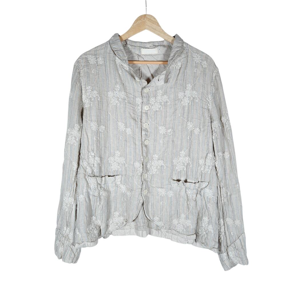 CP Shades Womens Button Front Jacket Large Beige Striped Embroidered Cottagecore